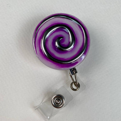 Purple Spiral Badge Reel – Gothic Swirl Handmade Stainless Steel Retractable ID Holder, Chrome Hypnotic Design, Unique Nurse Badge Reel