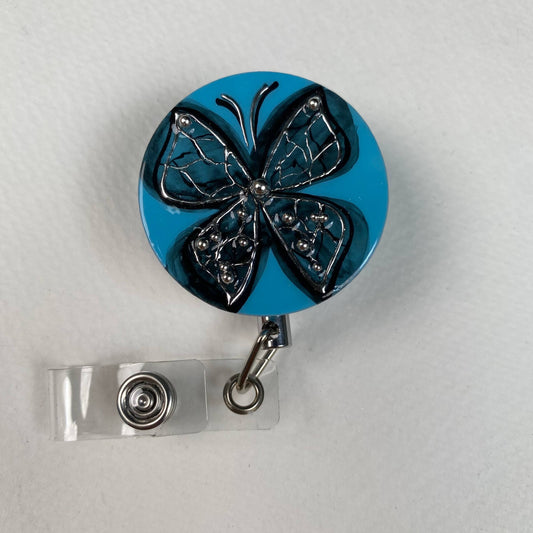 Blue Gothic Butterfly Badge Reel – Handmade Stainless Steel Retractable ID Holder, Dark Butterfly Resin Badge Reel, Alternative Nurse Badge Holder