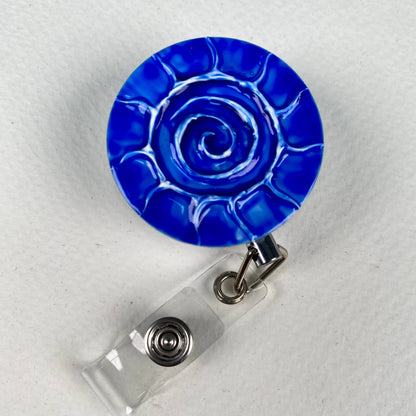 Blue Sun Badge Reel – Handmade Stainless Steel Retractable ID Holder, 3D Ceramic Effect Spiral Sun Resin Badge Reel, Celestial Nurse Gift