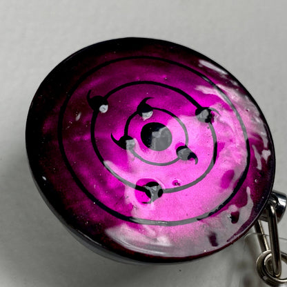 Anime Eye Badge Reel – Handmade Stainless Steel Retractable ID Holder, Purple Pink Rinnegan Eye Resin Badge Reel, Anime Nurse Gift