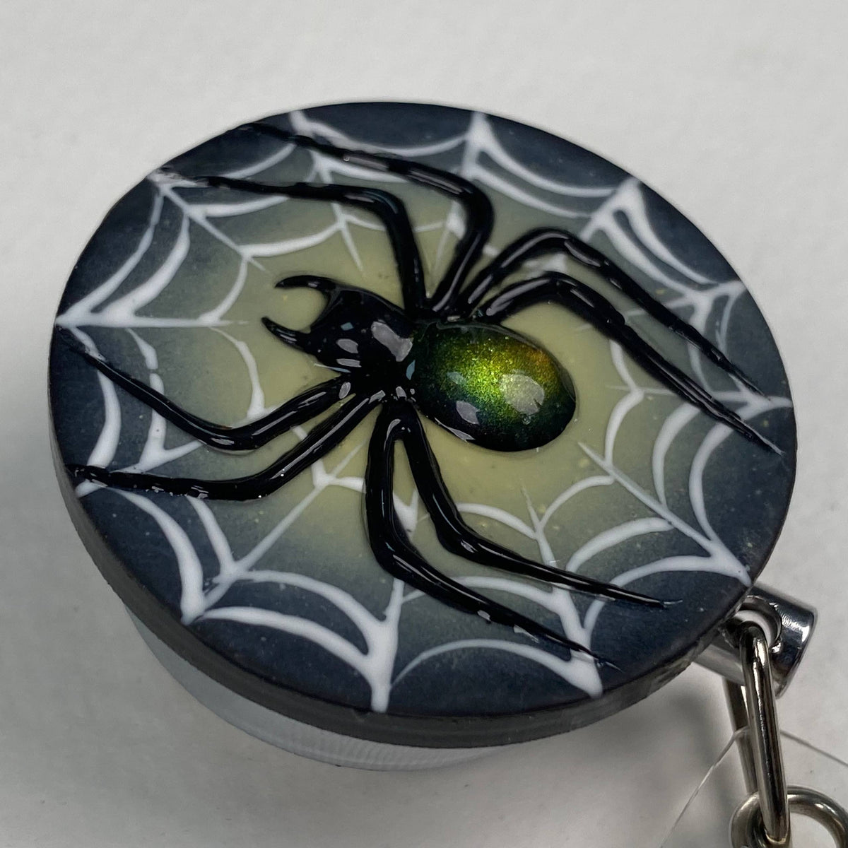 3D Spider Badge Reel – Handmade Stainless Steel Retractable ID Holder, Gothic Spider Web Resin Badge Reel, Spooky Halloween Nurse Gift