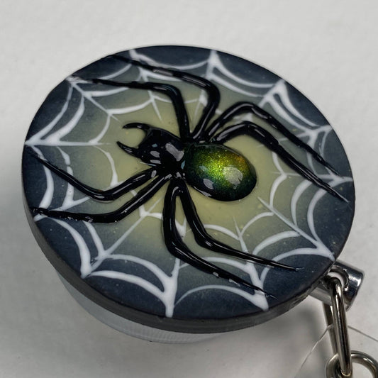 3D Spider Badge Reel – Handmade Stainless Steel Retractable ID Holder, Gothic Spider Web Resin Badge Reel, Spooky Halloween Nurse Gift